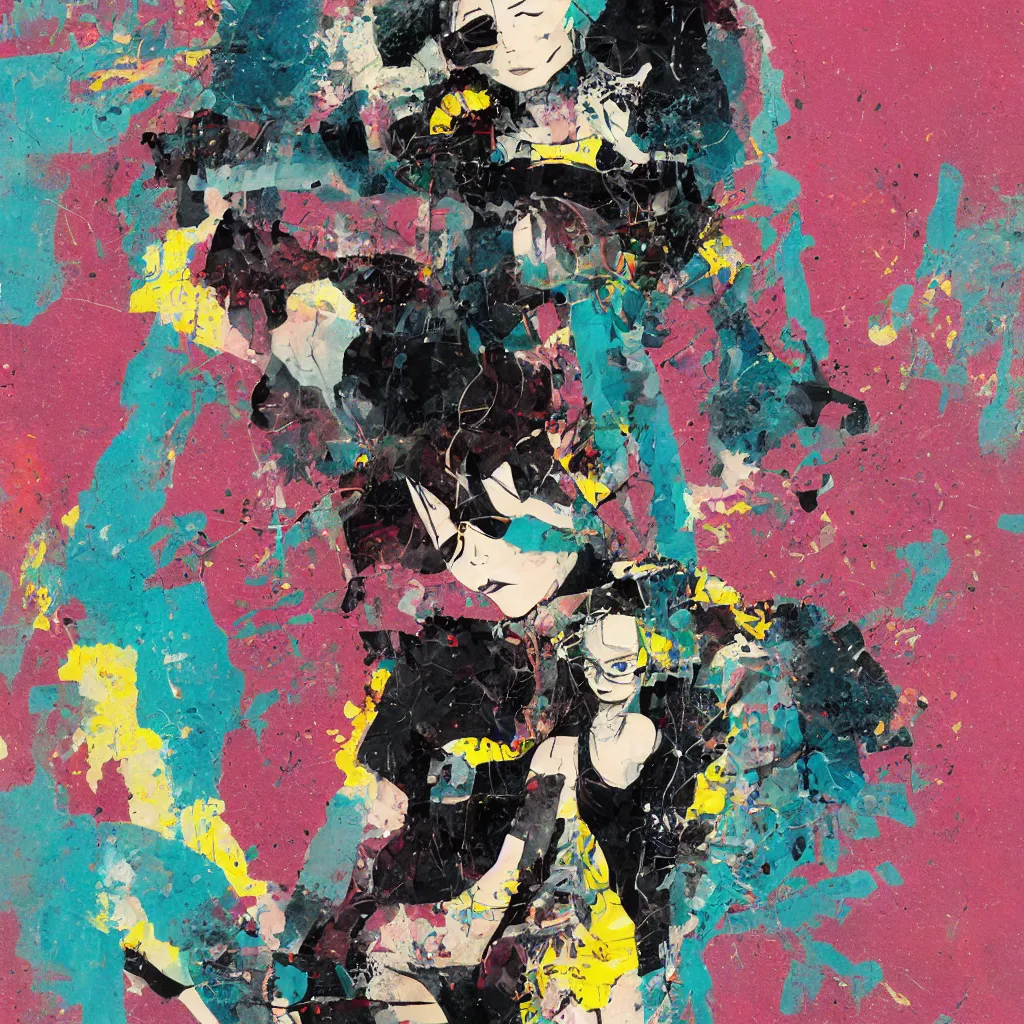 Image similar to girl figure, abstract, jet set radio artwork, ryuta ueda artwork, cryptic, rips, spots, asymmetry, stipple, lines, glitches, color tearing, pitch bending, stripes, dark, ominous, eerie, hearts, minimal, points, otomo katsuhiro artwork, technical, natsumi mukai artwrok, folds