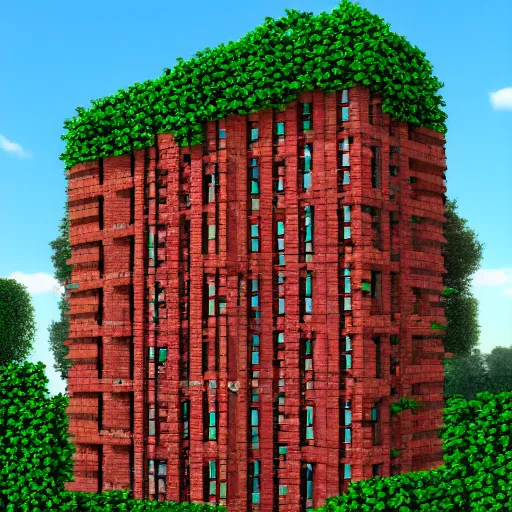 Image similar to cubic building made of bricks, overgrown with vegetation, one-point perspective, 4k, 8k