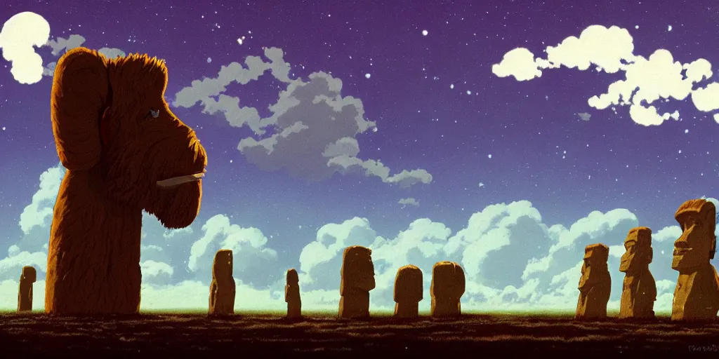 Image similar to a realistic cell - shaded studio ghibli concept art from paprika ( 2 0 0 6 ) of a giant wooly mammoth in a flooded easter island on a misty starry night. very dull colors, wide shot, hd, 4 k, hq