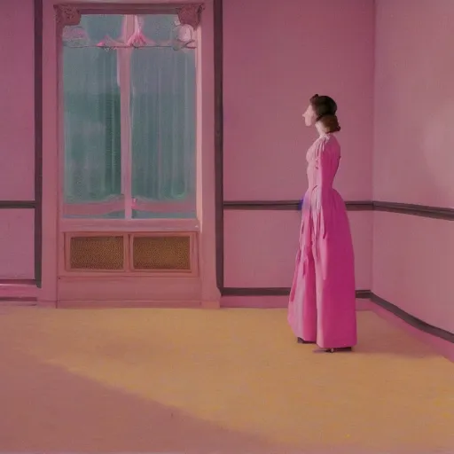 Image similar to a flowery girl in an soviet golden liminal abandoned room, film still by wes anderson, depicted by balthus, limited color palette, very intricate, art nouveau, highly detailed, lights by hopper, soft pastel colors