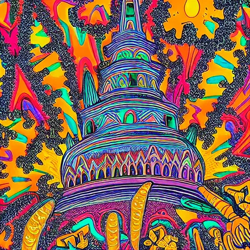 Prompt: psychedelic mole antonelliana in the style of robert crumb, with hallucinogenic mushrooms in the background, vivid colours