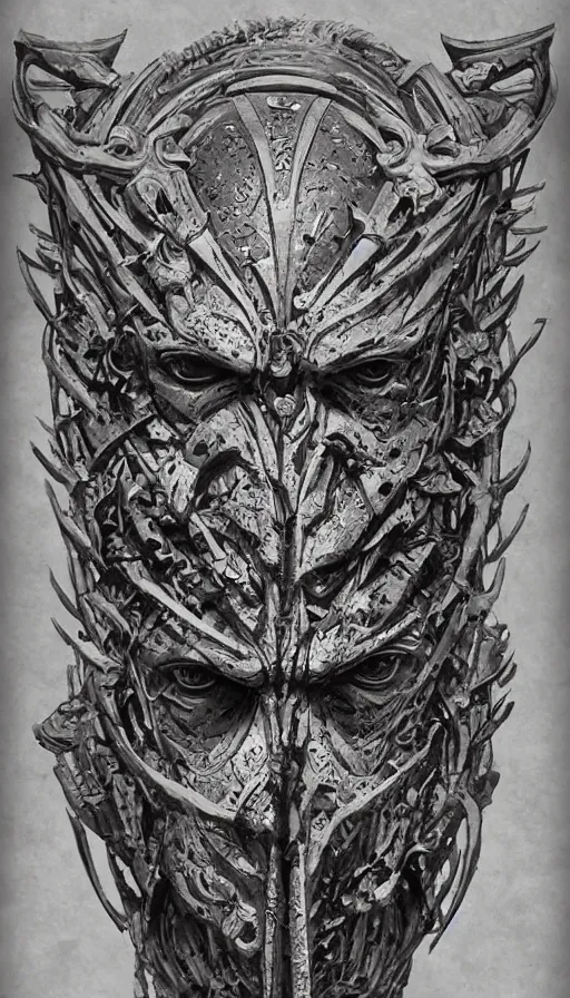 Image similar to ancient biomechanical hybrid slavic thunder god armored head fantasy human angel face mask tattoo pattern concept, glagolitic glyph, intricate artwork by, Johnatan Wayshak, Zdizslaw Beksinski, Artgerm, H.R. Giger, very coherent artwork, cinematic, hyper realism, high detail, octane render, unreal engine, 8k, High contrast, higly detailed black ink outline, crosshatch sketch gradient