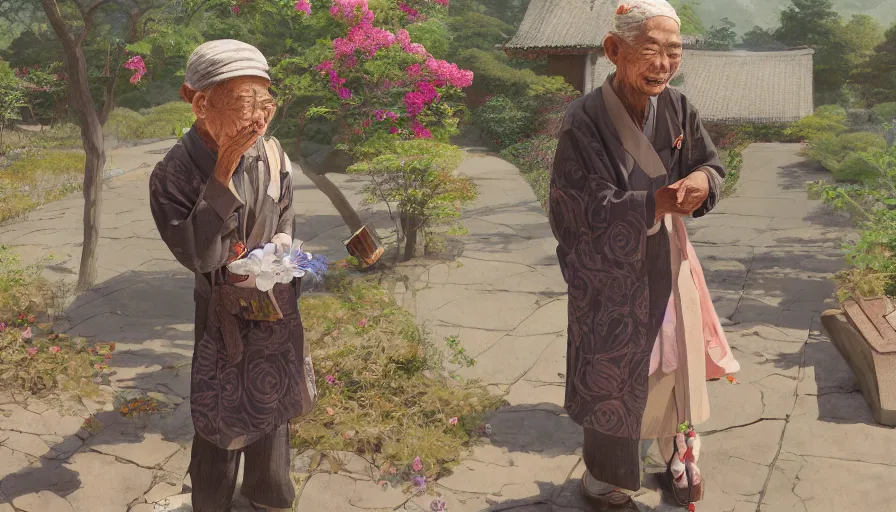 Image similar to old japanese man giving flower to his wife, sunny day, japanese village, mange style, hyperdetailed, artstation, cgsociety, 8 k