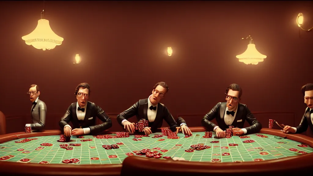 Image similar to hyperrealism simulation highly detailed human octopuses'wearing detailed tuxedos and smoking, playing poker in surreal scene from art house movie from future by wes anderson and denis villeneuve and mike winkelmann rendered in blender and octane render