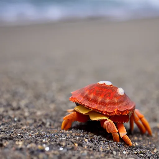 Prompt: Detailed 4k photo of a Hermit crab sporting a curly mustache, on the beach, afternoon