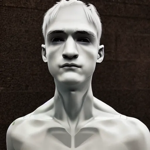 Prompt: “a realistic detailed photo of a guy who is an attractive humanoid who is half robot and half humanoid, who is a male android, twitch streamer Ninja Tyler Blevins, shiny skin, posing like a statue, blank stare”