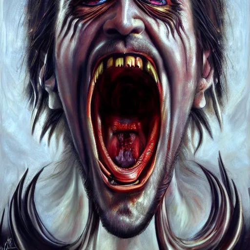 Image similar to Nicolas Cage as god of chaos screaming biomechanical, intricate, smooth, artstation, painted by Hans Giger