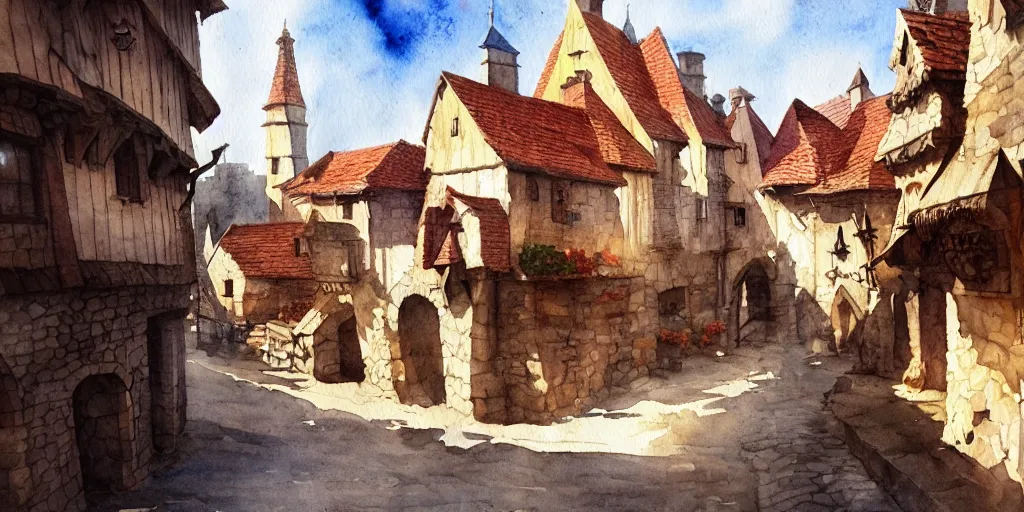 Prompt: medieval town, summer morning light, exquisite masterpiece watercolor painting, trending on artstation