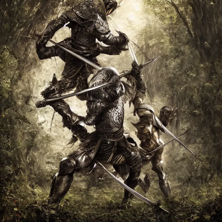 Prompt: knight fighting man with sword in forest, highly detailed, smooth, sharp focus, portrait, concept art, intricate details, fantasy poster, dark athmosphere, 8 k. lifelike. nikon d 8 5 0