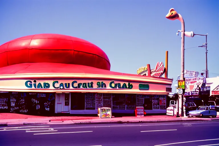 Image similar to 2 0 1 5 giant crab terrorizing a city, googie architecture, americana, fishcore, exterior photography, hd 8 k, photography cinestill