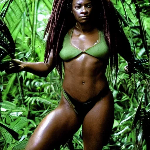 Prompt: Female predator version of the trophy hunter from the Predator Universe posing in the jungle