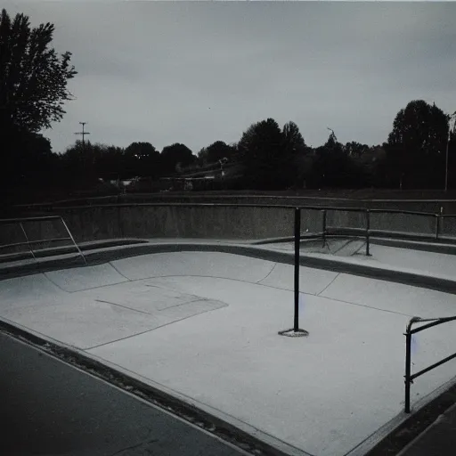 Prompt: a 1 9 9 0's photograph of a skatepark in a small town at dusk, polaroid, candid photography