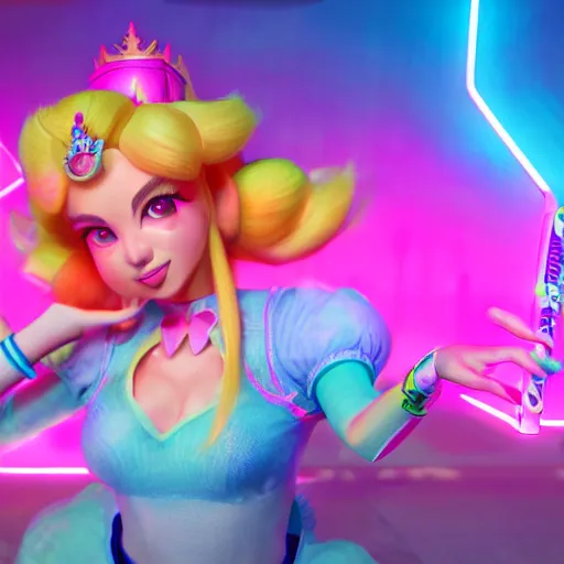 Image similar to Princess peach mixed with jinx from league of legends, dancing, background with neon lighting, raytrayced, octane render, epic composition, intricate details, hyperrealist, by Joe Benitez, WLOP, Alessandro Barbucci, Barbara Canepa