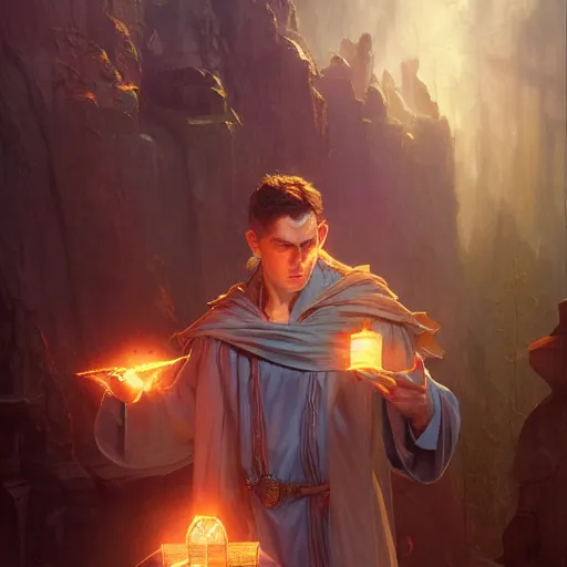 Image similar to a handsome young wizard confused about his decision between dark and light magic, volumetric lighting, D&D, fantasy, intricate, cinematic lighting, highly detailed, digital painting, artstation, concept art, smooth, sharp focus, illustration, art by Artgerm and Greg Rutkowski and Alphonse Mucha