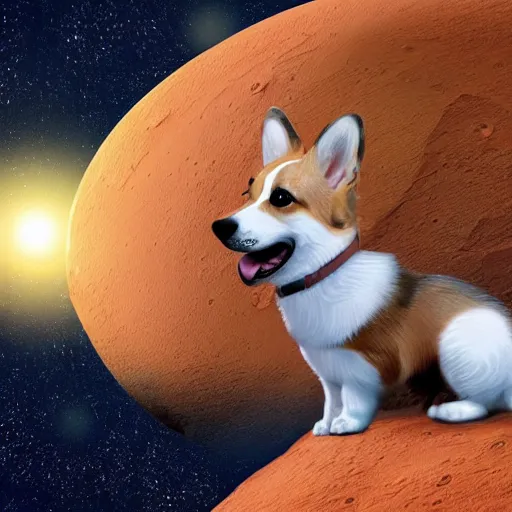 Prompt: a corgi on mars, detailed digital illustration, hyperrealistic