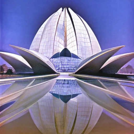 Prompt: futuristic glass lotus temple by the hermetic order of the golden dawn, by buckminster fuller and syd mead, intricate contemporary architecture, photo journalism, photography, cinematic, national geographic photoshoot