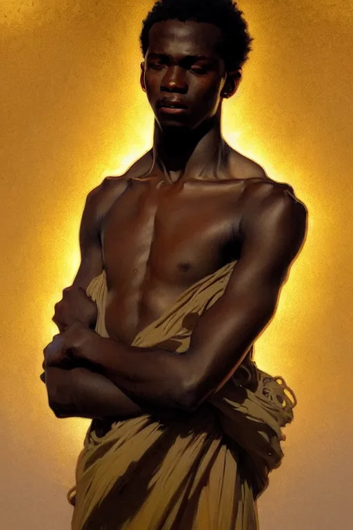 Prompt: full figure african young man, luminous scene, by greg rutkowski and alphonse mucha, gradient white to gold, highly detailed portrait, digital painting, artstation, concept art, smooth, sharp focus illustration, artstation hq