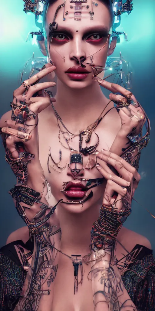 Image similar to hyperrealistic futuristic high fashion photography, girl in studio, full body, vogue magazine, nomad masterpiece, nano parts, neon lights, smoke, eerie music, beautiful intricate face and flawless skin, tribal jewelry, tattoos, perfect hands, head piece, by Edgar Maxence and Ross Tran and Michael Whelan, 8k, octane render