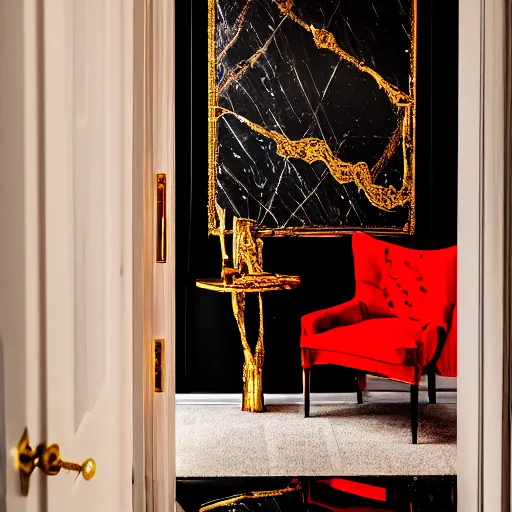 Prompt: a red chair, surrounded by sinuous gold tools, at the end of a black reflective marble hallway