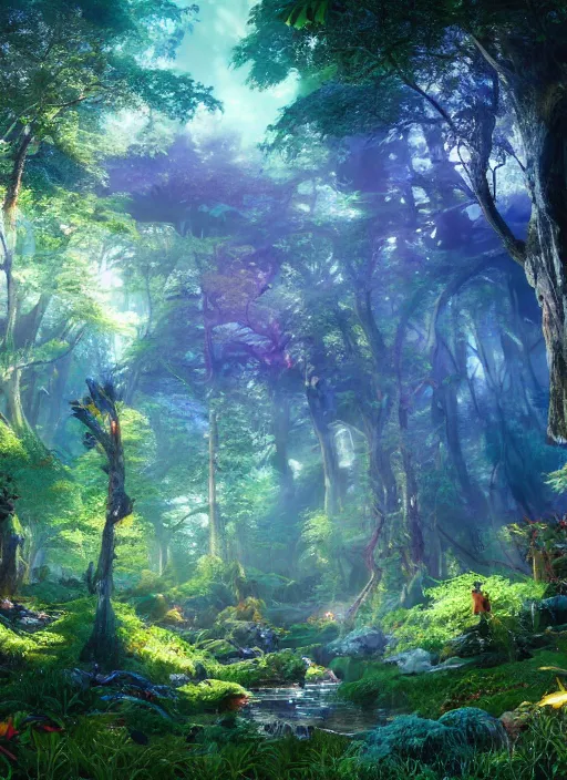 Image similar to glowwave drawing of humongous enchanted forest biome from genshin impact, au naturel, hyper detailed, digital art, trending in artstation, cinematic lighting, studio quality, smooth render, unreal engine 5 rendered, octane rendered, art style by klimt and nixeu and ian sprigger and wlop and krenz cushart.