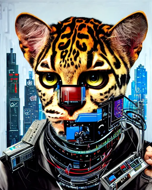 Image similar to a portrait of an anthropomorphic cyberpunk ocelot by sandra chevrier, by jon foster, detailed render, tape deck, epic composition, cybernetics, 4 k realistic, cryengine, realistic shaded lighting, sharp focus, masterpiece, by enki bilal