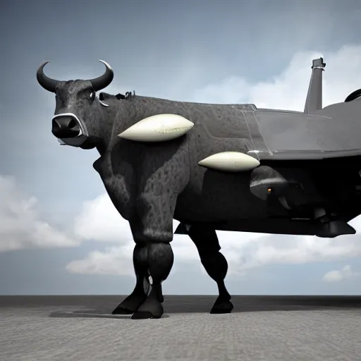 Image similar to a highly detailed ultra realistic photograph of a cow dressed in a fighter jet jumpsuit and mask