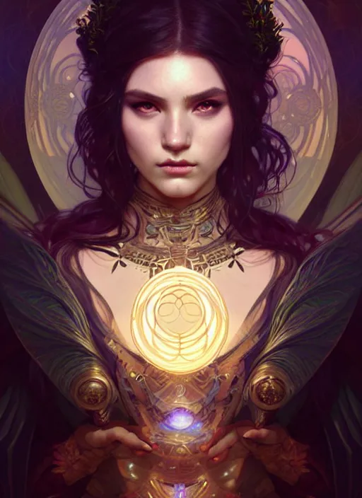 Image similar to a beautiful cinematic female druid goddess, galatic shamen with Quantum energy fantasy, fantasy magic, undercut hairstyle, dark light night, intricate, elegant, sharp focus, illustration, highly detailed, digital painting, concept art, matte, art by WLOP and Artgerm and Greg Rutkowski and Alphonse Mucha, masterpiece