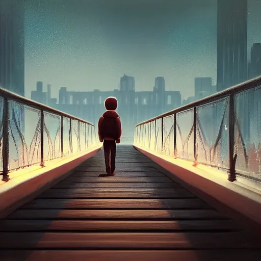 Image similar to a lonely boy on a city bridge looking to the river at night, digital painting, masterpiece, digital art, hyperrealistic, concept art, octane render, unreal engine 5, trending on deviantart, sad atmosphere, centered, anatomically correct, oil painting, high contrast, serene scenery, loneliness, path traced, dark night, paul lehr, 2 d