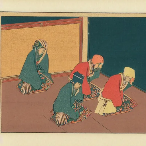 Image similar to late meiji period, colored woodblock print, muslims kneeling for prayer