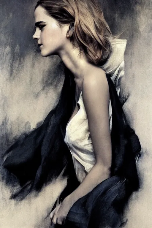 Image similar to emma watson gathered faille v - neck detailed portrait painting by gaston bussiere craig mullins j. c. leyendecker award winning photograph photorealsitic octane render photograph by richard avedon peter lindbergh