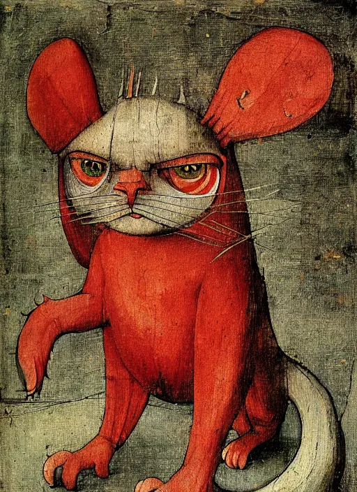 Image similar to red devil monster cat, Medieval painting by Hieronymus Bosch, Florence