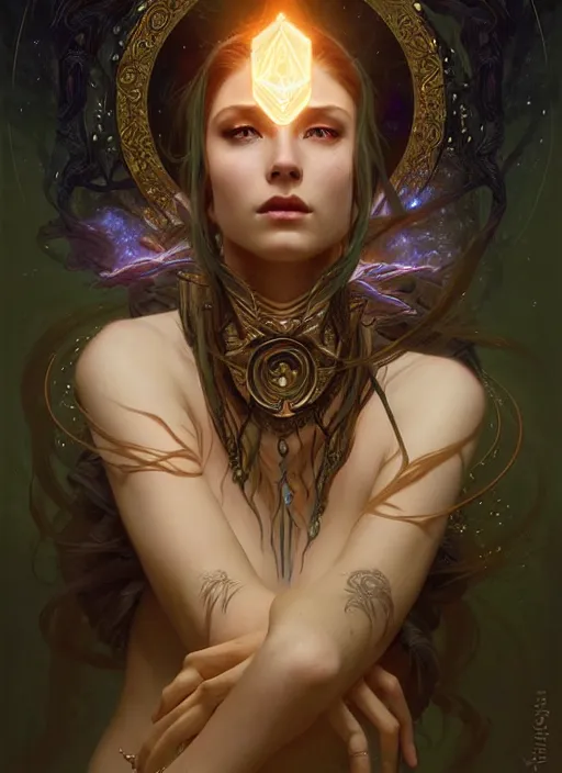 Image similar to a beautiful cinematic female druid goddess, galatic shamen with Quantum energy fantasy, fantasy magic, undercut hairstyle, dark light night, intricate, elegant, sharp focus, illustration, highly detailed, digital painting, concept art, matte, art by WLOP and Artgerm and Greg Rutkowski and Alphonse Mucha, masterpiece