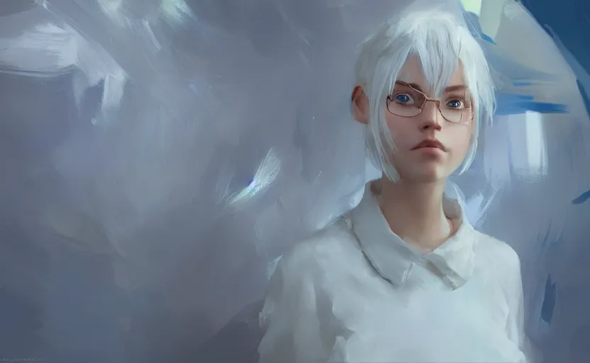 Image similar to portrait of a blue-eyed girl with white hair, painting by Craig Mullins, octane rendering, soft morning lighting, wide angle lens, in the style of Hayao Miyazaki, trending on artstation,