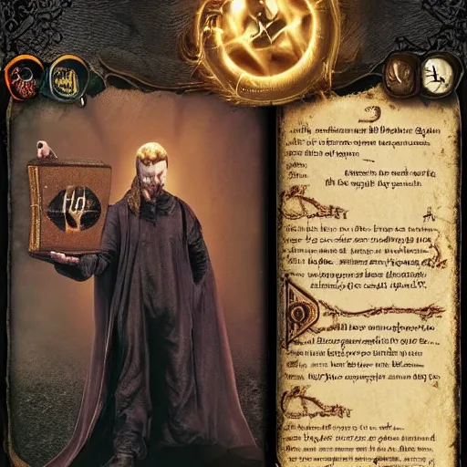 Image similar to black magic sorcerer with a book of spells, dramatic, death, cinematic, ultra realistic