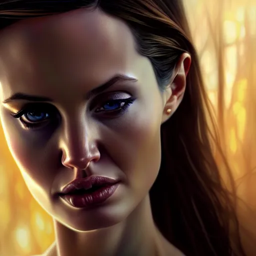 Prompt: beautiful digital painting of young angelina jolie background with high detail, 8 k, stunning detail, photo by artgerm, greg rutkowski and alphonse mucha, unreal engine 5, 4 k uhd