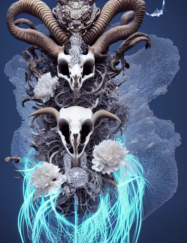 Image similar to 3 d goddess goat skull half - turn portrait with long hair with ram skull. beautiful intricately detailed japanese crow kitsune mask and clasical japanese kimono. betta fish, jellyfish phoenix, bio luminescent, plasma, ice, water, wind, creature, artwork by tooth wu and wlop and beeple and greg rutkowski