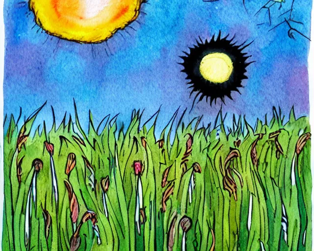 Prompt: small impish creature stands in tall grass holding lit matches, flaming sun ray hair, worms eye view, flat perspective, outsider art, watercolor on paper