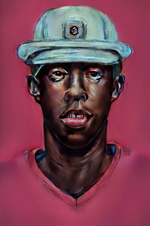 Prompt: portrait of tyler the creator with hat, staring directly into camera, intricate, elegant, glowing lights, highly detailed, digital painting, artstation, sharp focus, illustration, art by wlop, mars ravelo and greg rutkowski
