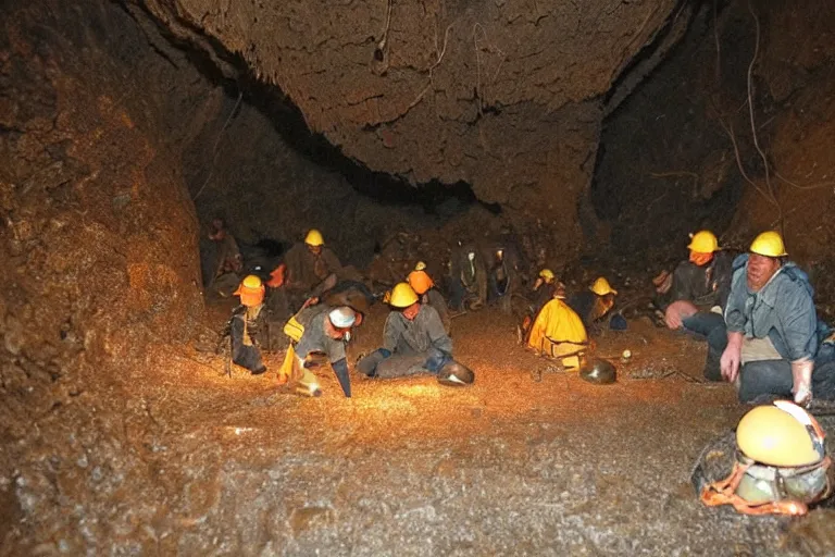 Prompt: miners in a dark cave discovers an alien egg, low quality shot, eerie, bizarre