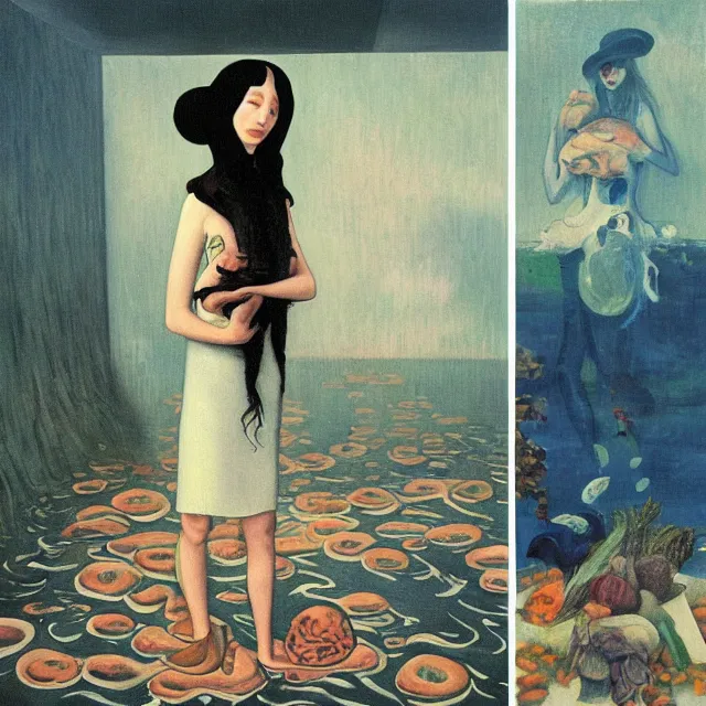 Image similar to tall emo female artist holding a pig's trotter in her flooded kitchen, pomegranates, octopus, water gushing from ceiling, painting of flood waters inside an artist's apartment, a river flooding indoors, ikebana, zen, rapids, waterfall, black swans, canoe, berries, acrylic on canvas, surrealist, by magritte and monet