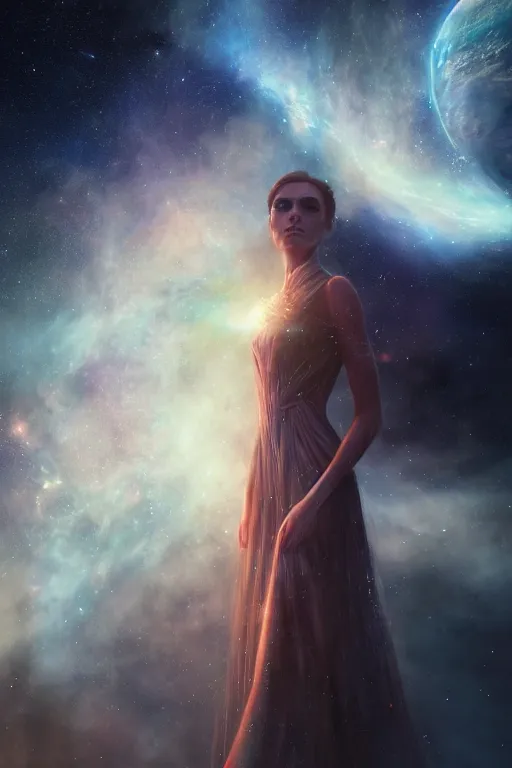 Image similar to a woman, wearing a dress made of stars and nebulae, dramatic, volumetric lighting, planets in the background, smooth, sharp focus, very detailed, by greg rutkowski, artstation, tom badshaw, 8 k, symmetrical face