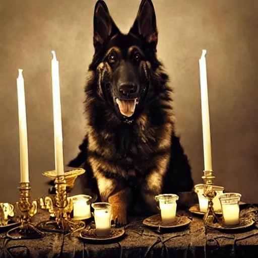 Prompt: gothic ritual with many golden candles, german shepherd with dragon wings in gothic makeup, gloomy, candlelight, intricate detail faces, fireplace photograph