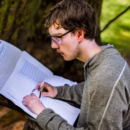 Image similar to Ethan Smith writing his next guide, (EOS 5DS R, ISO100, f/8, 1/125, 84mm, postprocessed, aesthetic, facial features)