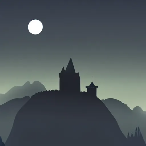 Image similar to silhouette of a castle on misty mountains, digital art, highly detailed, beautiful, calm, full moon