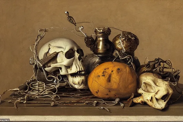 Image similar to a vanitas painting from the 21st century by clara peeters with a skull but also all the electronical gadgets of modern times, cables, wires