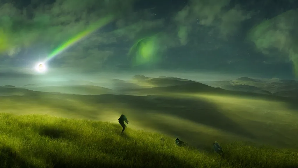 Image similar to matte painting of a nocturnal brocken spectre in the sky above the mystical green hill, with some silhouettes of hikers in the distance