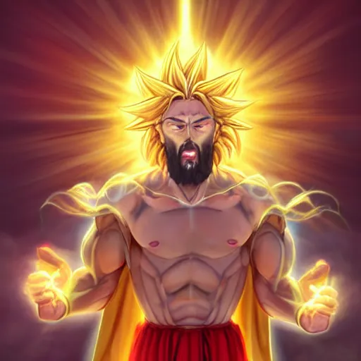 Image similar to Jesus christ transforming in super Saiyan while holding a shiny Sacred Heart, by Stanley Artgerm Lau, WLOP, Rossdraws, James Jean, Andrei Riabovitchev, Marc Simonetti, Yoshitaka Amano, ArtStation, CGSociety,