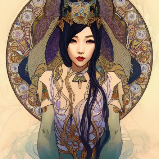 Image similar to asian, queen of monsters, symmetrical face, symmetrical body, artgerm, flowing hair, portrait, muted colors, artstation, character concept art, border and embellishments inspiried by alphonse mucha, fractals in the background, galaxy