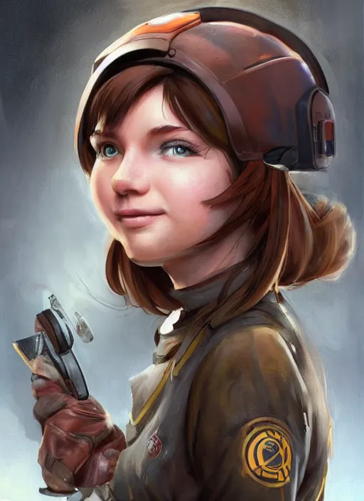 Image similar to a portrait digital painting of a young girl with hazel - brown hair. post - apocalyptic clothing. she's wearing a mechanics uniform and has been working on some large machinery. a factory background with big machines, pipes, computer monitors. painted by artgerm, ross tran.