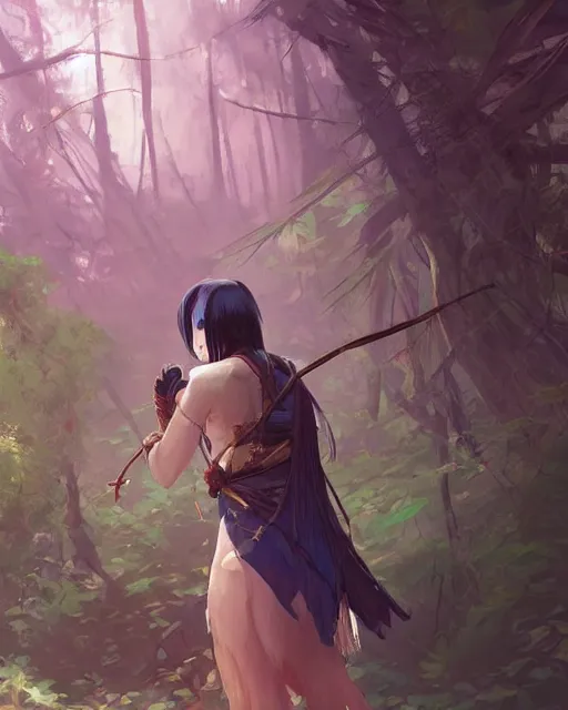 Prompt: an asian tribeswoman woman standing in the woods. By Makoto Shinkai, Stanley Artgerm Lau, WLOP, Rossdraws, James Jean, Andrei Riabovitchev, Marc Simonetti, krenz cushart, Sakimichan, D&D trending on ArtStation, digital art.